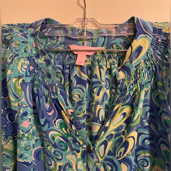 Lilly Pulitzer Lilly’s Lagoon Print Elsa Silk Sea Blue Top Blouse Size Small - Picture 6 of 13